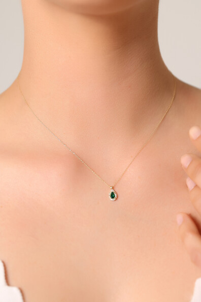 14 Ayar Altın Yeşil Taş Damla Kolye