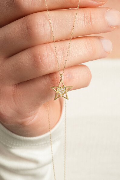 14 Ayar Altın Yıldız Kalpli Kolye