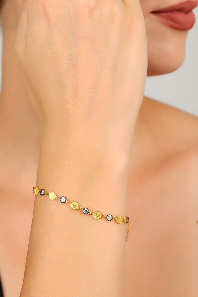 14 Ayar Altın Yuvarlak Taşlı Tuğra Bileklik