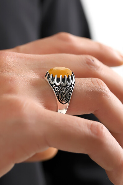 Gümüş Kalem Detaylı Kehribar Taşlı Yüzük 