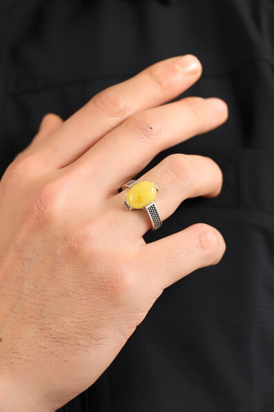 Gümüş Kehribar Taşlı Yüzük