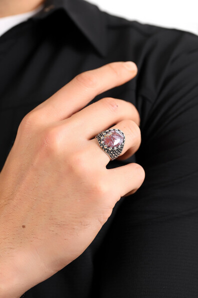 Gümüş Kök Yakut Taşlı Erkek Yüzük