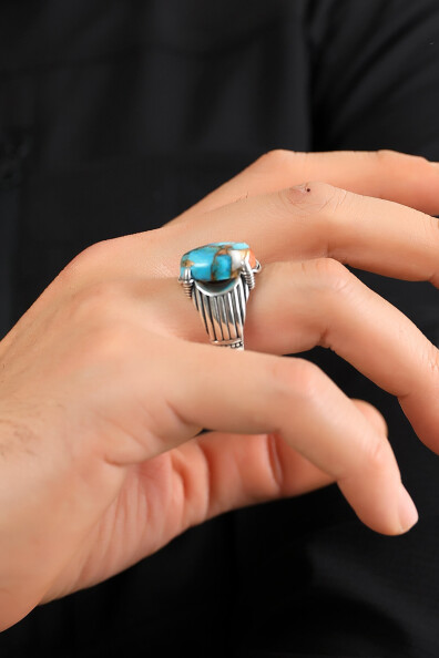 Gümüş Meksika Turkuazı Taşlı Yüzük 