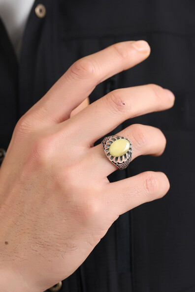 Gümüş Sarmaşık Kehribar Yüzük 