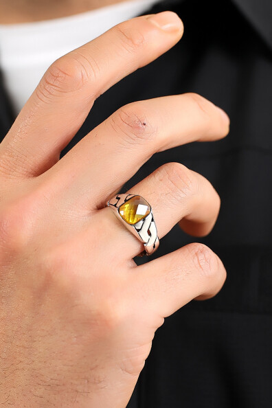 Gümüş Sitrin Taşlı Zincir Kollu Yüzük