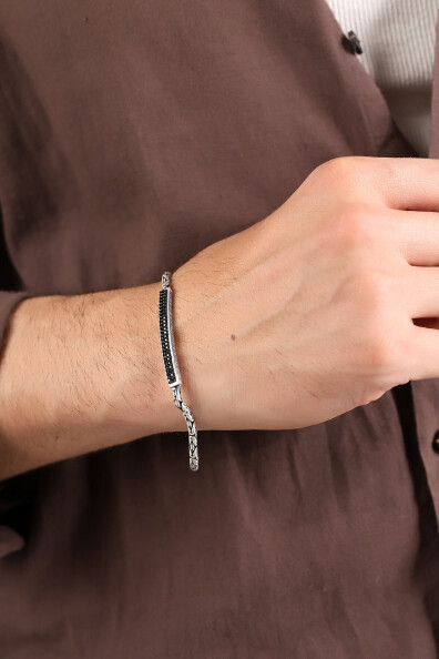 Gümüş Siyah Taş Künyeli Kral Erkek Bileklik