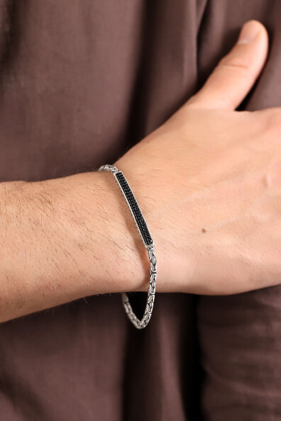 Gümüş Siyah Taş Künyeli Kral Erkek Bileklik