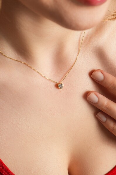 14 Ayar Altın Beyaz Kalp Kolye