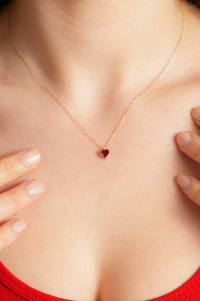 14 Ayar Altın Kırmızı Kalp Kolye