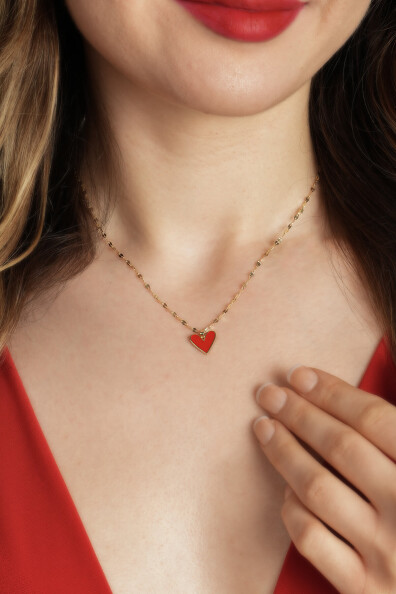 14 Ayar Altın Kırmızı Kalp Kolye
