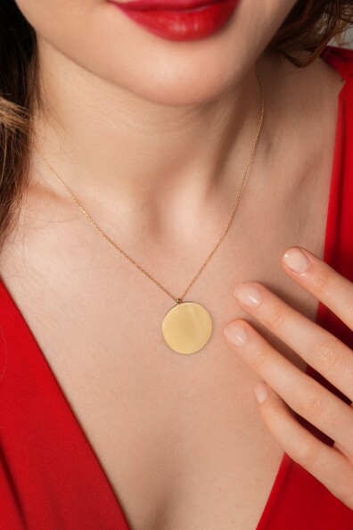 14 Ayar Altın Yuvarlak Plaka Kolye