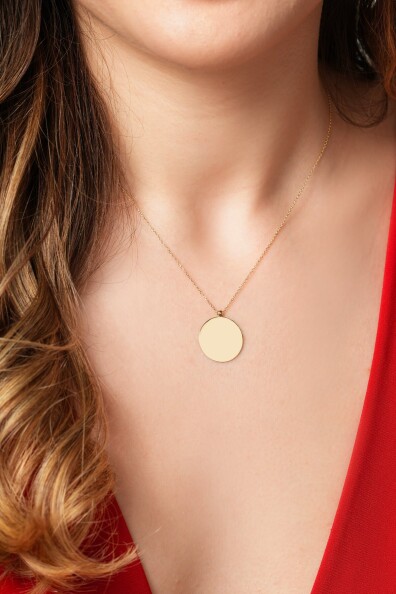 14 Ayar Altın Yuvarlak Plaka Kolye