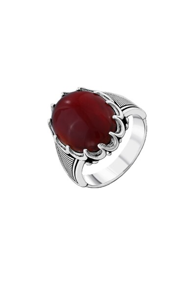 Gümüş Kırmızı Akik Taşlı Oval Kesim Erkek Yüzük 