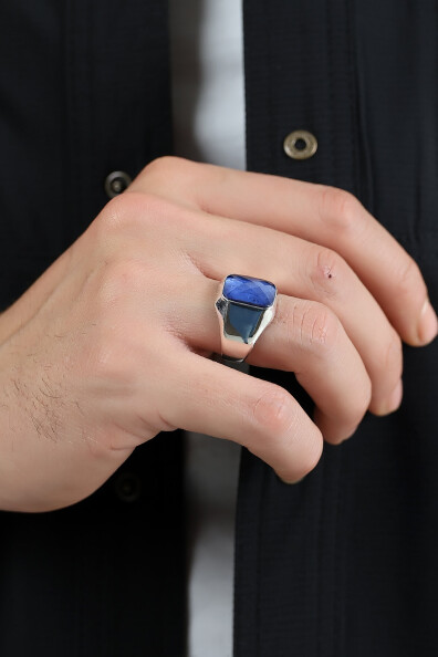 Gümüş Mavi Taşlı Kare Kesim  Şövalye Yüzük 