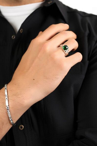 Gümüş Zümrüt Taşlı Oval Kesim Erkek Yüzük 