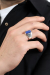 Gümüş Mavi Taşlı Kare Kesim  Şövalye Yüzük 